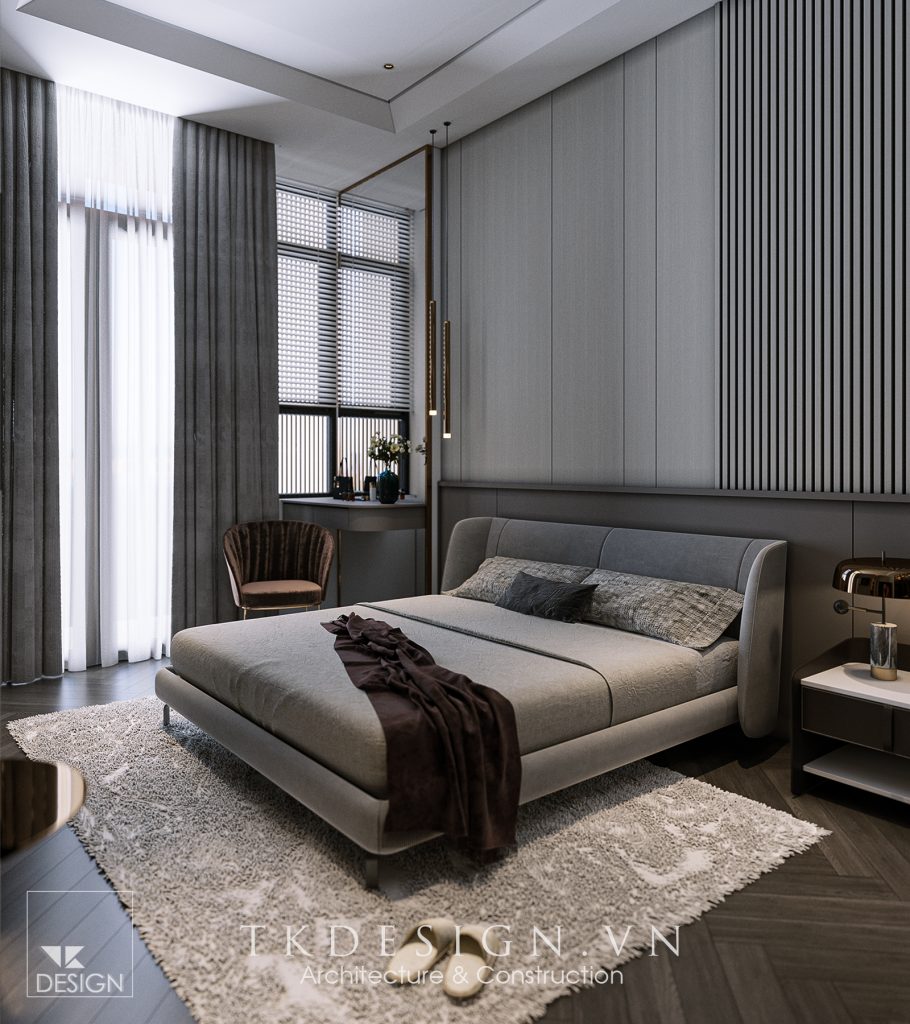 Phòng ngủ với tone màu xám giúp căn phòng thêm ấm áp hơn
