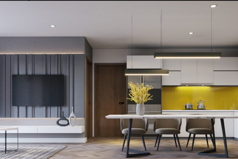 Thiết kế phòng khách và bếp theo màu sắc trắng, vàng