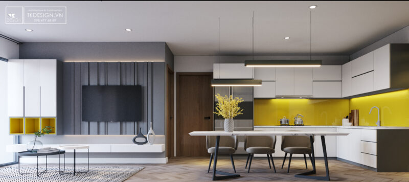 Thiết kế phòng khách và bếp theo màu sắc trắng, vàng