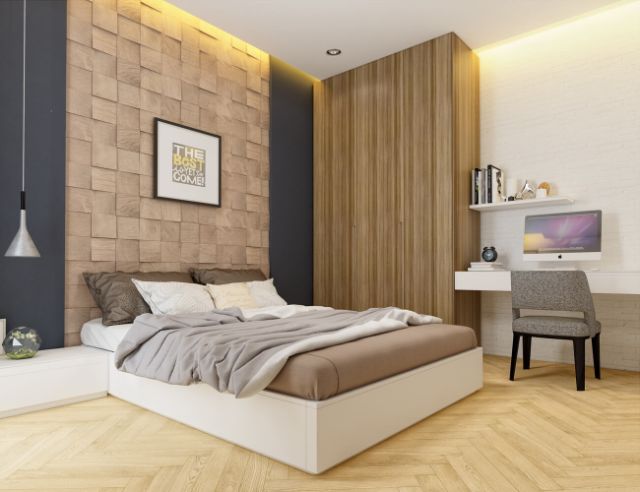 Mẫu thiết kế phòng ngủ với gam màu trầm kết hợp với gỗ